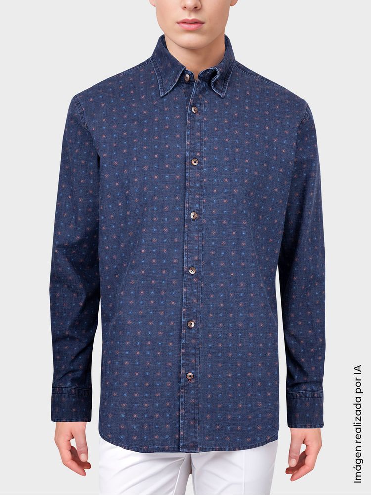 Camisa Denim Estampada Manga Larga para Hombre 26155
